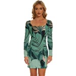 Green Nature Bohemian Painting Leaves Foliage Long Sleeve Square Neck Bodycon Velour Dress