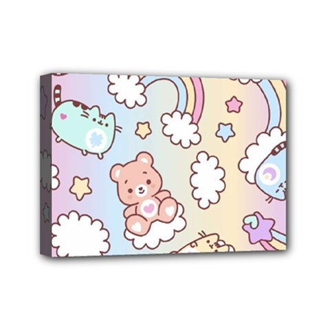 Pusheen Carebears Bears Cat Colorful Cute Pastel Pattern Mini Canvas 7  x 5  (Stretched) from ArtsNow.com