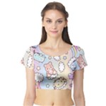 Pusheen Carebears Bears Cat Colorful Cute Pastel Pattern Short Sleeve Crop Top