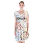 Pusheen Carebears Bears Cat Colorful Cute Pastel Pattern Short Sleeve V-neck Flare Dress