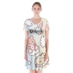 Pusheen Carebears Bears Cat Colorful Cute Pastel Pattern Short Sleeve V-neck Flare Dress