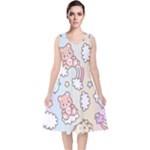 Pusheen Carebears Bears Cat Colorful Cute Pastel Pattern V-Neck Midi Sleeveless Dress 