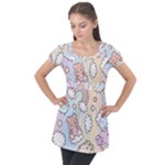 Pusheen Carebears Bears Cat Colorful Cute Pastel Pattern Puff Sleeve Tunic Top