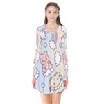 Pusheen Carebears Bears Cat Colorful Cute Pastel Pattern Long Sleeve V-neck Flare Dress