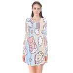 Pusheen Carebears Bears Cat Colorful Cute Pastel Pattern Long Sleeve V-neck Flare Dress