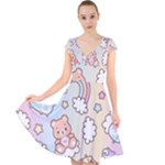 Pusheen Carebears Bears Cat Colorful Cute Pastel Pattern Cap Sleeve Front Wrap Midi Dress