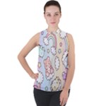 Pusheen Carebears Bears Cat Colorful Cute Pastel Pattern Mock Neck Chiffon Sleeveless Top
