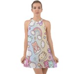 Pusheen Carebears Bears Cat Colorful Cute Pastel Pattern Halter Tie Back Chiffon Dress