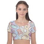 Pusheen Carebears Bears Cat Colorful Cute Pastel Pattern Velvet Short Sleeve Crop Top 