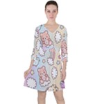 Pusheen Carebears Bears Cat Colorful Cute Pastel Pattern Quarter Sleeve Ruffle Waist Dress