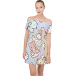 Pusheen Carebears Bears Cat Colorful Cute Pastel Pattern Off Shoulder Chiffon Dress