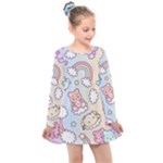 Pusheen Carebears Bears Cat Colorful Cute Pastel Pattern Kids  Long Sleeve Dress