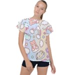 Pusheen Carebears Bears Cat Colorful Cute Pastel Pattern Ruffle Collar Chiffon Blouse