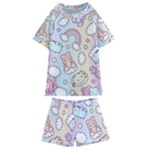 Pusheen Carebears Bears Cat Colorful Cute Pastel Pattern Kids  Swim Tee and Shorts Set