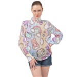 Pusheen Carebears Bears Cat Colorful Cute Pastel Pattern High Neck Long Sleeve Chiffon Top