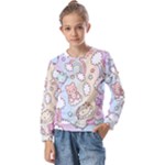 Pusheen Carebears Bears Cat Colorful Cute Pastel Pattern Kids  Long Sleeve Tee with Frill 