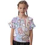 Pusheen Carebears Bears Cat Colorful Cute Pastel Pattern Kids  Cut Out Flutter Sleeves