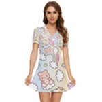 Pusheen Carebears Bears Cat Colorful Cute Pastel Pattern V-Neck High Waist Chiffon Mini Dress