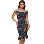 Bears Colors Dead Head Deadhead Grateful Dead Off Shoulder Ruffle Split Hem Bodycon Dress