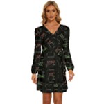 Chart Pattern Long Sleeve Waist Tie Ruffle Velour Dress