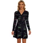 Chart Pattern Long Sleeve Deep V Mini Dress 