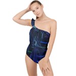 Screen Glitch Broken  Crack  Fracture  Glass Pattern Frilly One Shoulder Swimsuit