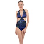 Screen Glitch Broken  Crack  Fracture  Glass Pattern Halter Front Plunge Swimsuit