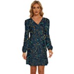 Colorful Abstract Pattern Creative Colorful Line Linear Background Long Sleeve Waist Tie Ruffle Velvet Dress