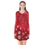 Four Red Butterflies With Flower Illustration Butterfly Flowers Long Sleeve V-neck Flare Dress