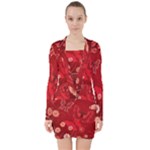 Four Red Butterflies With Flower Illustration Butterfly Flowers V-neck Bodycon Long Sleeve Dress