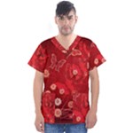 Four Red Butterflies With Flower Illustration Butterfly Flowers Men s V-Neck Scrub Top