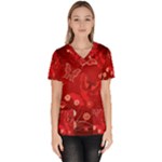 Four Red Butterflies With Flower Illustration Butterfly Flowers Women s V-Neck Scrub Top