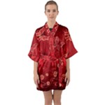 Four Red Butterflies With Flower Illustration Butterfly Flowers Half Sleeve Satin Kimono 