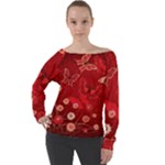 Four Red Butterflies With Flower Illustration Butterfly Flowers Off Shoulder Long Sleeve Velour Top