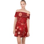 Four Red Butterflies With Flower Illustration Butterfly Flowers Off Shoulder Chiffon Dress