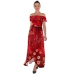 Four Red Butterflies With Flower Illustration Butterfly Flowers Off Shoulder Open Front Chiffon Dress