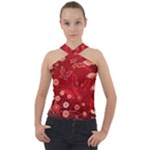 Four Red Butterflies With Flower Illustration Butterfly Flowers Cross Neck Velour Top