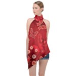 Four Red Butterflies With Flower Illustration Butterfly Flowers Halter Asymmetric Satin Top