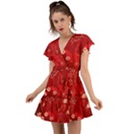 Four Red Butterflies With Flower Illustration Butterfly Flowers Flutter Sleeve Wrap Dress