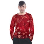 Four Red Butterflies With Flower Illustration Butterfly Flowers Men s Long Sleeve Raglan Tee