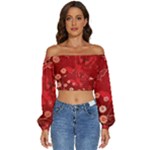Four Red Butterflies With Flower Illustration Butterfly Flowers Long Sleeve Crinkled Weave Crop Top