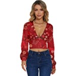 Four Red Butterflies With Flower Illustration Butterfly Flowers Long Sleeve Deep-V Velour Top