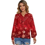 Four Red Butterflies With Flower Illustration Butterfly Flowers Women s Long Sleeve Button Up Shirt