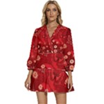 Four Red Butterflies With Flower Illustration Butterfly Flowers V-Neck Placket Mini Dress