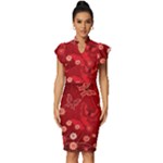 Four Red Butterflies With Flower Illustration Butterfly Flowers Vintage Frill Sleeve V-Neck Bodycon Dress
