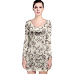 White And Brown Floral Wallpaper Flowers Background Pattern Long Sleeve Bodycon Dress