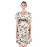 White And Brown Floral Wallpaper Flowers Background Pattern Short Sleeve V-neck Flare Dress