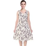 White And Brown Floral Wallpaper Flowers Background Pattern V-Neck Midi Sleeveless Dress 