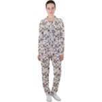 White And Brown Floral Wallpaper Flowers Background Pattern Casual Jacket and Pants Set