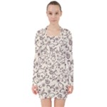 White And Brown Floral Wallpaper Flowers Background Pattern V-neck Bodycon Long Sleeve Dress